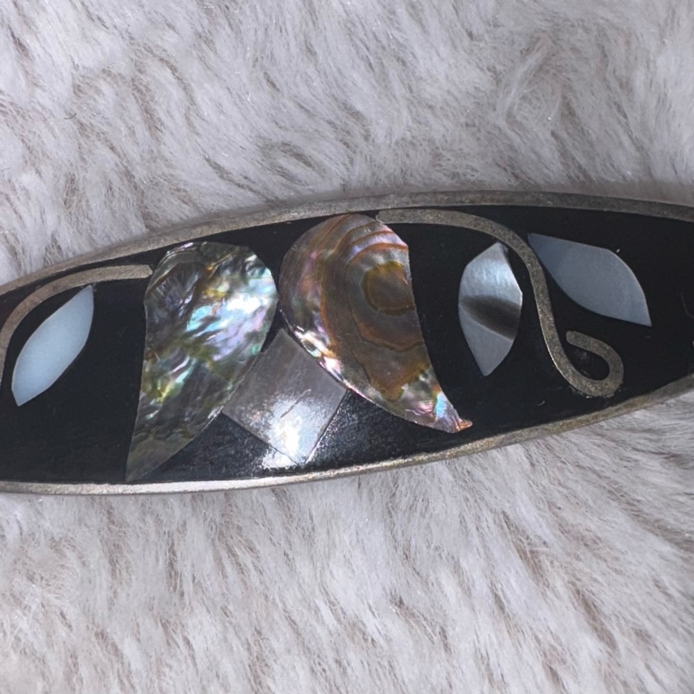 Vintage RARE Alpaca Mexico Hair Barrette Abalone & Mother of Pearl Inlay flower